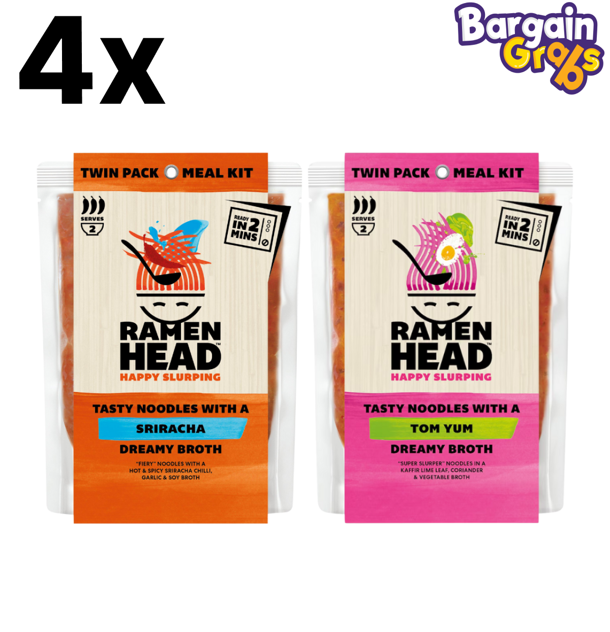 4 pack of Ramen Head Noodle & Broth Meal Kits, 450g each – Tom Yum or Sriracha flavour instant ramen meal kit