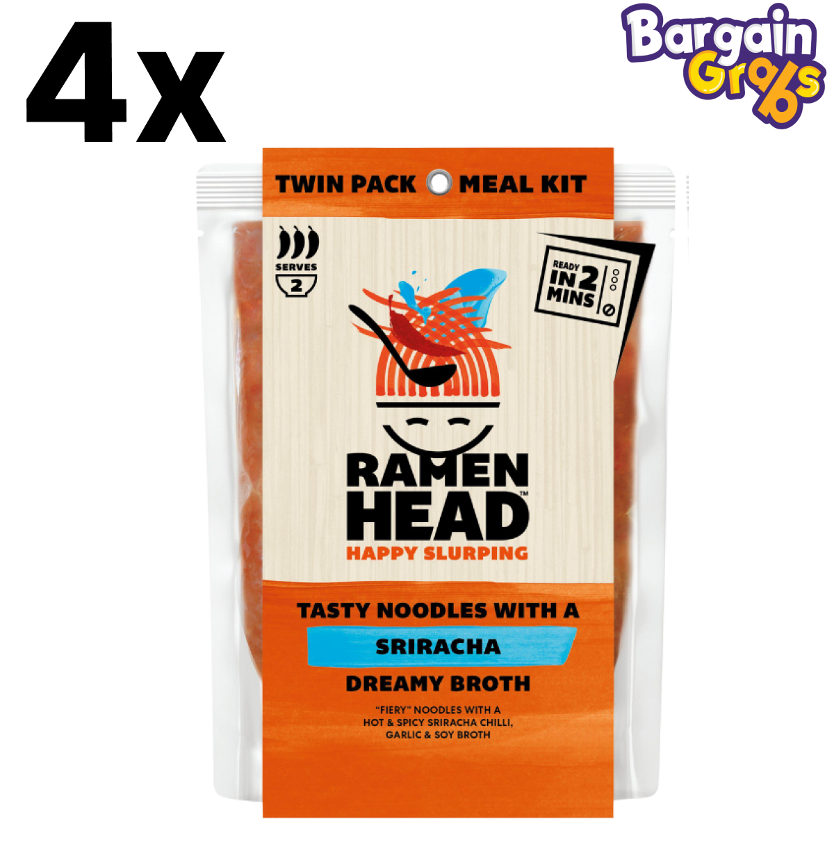 4 pack of Ramen Head Sriracha Noodle & Broth Meal Kits, 450g each – bold and spicy sriracha-flavored ramen kit