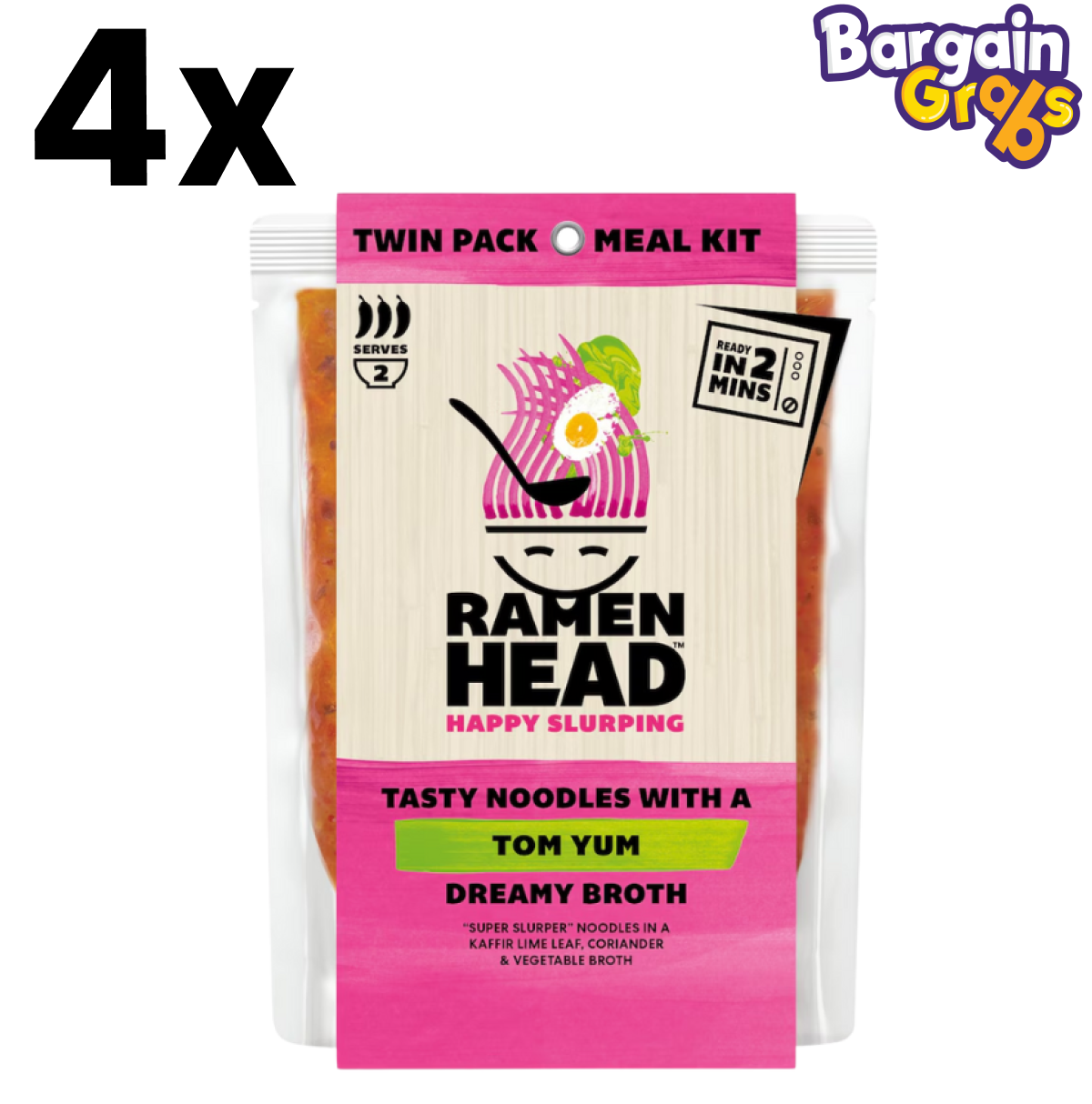 4 pack of Ramen Head Tom Yum Noodle & Broth Meal Kits, 450g each – spicy Thai-inspired noodle soup kit