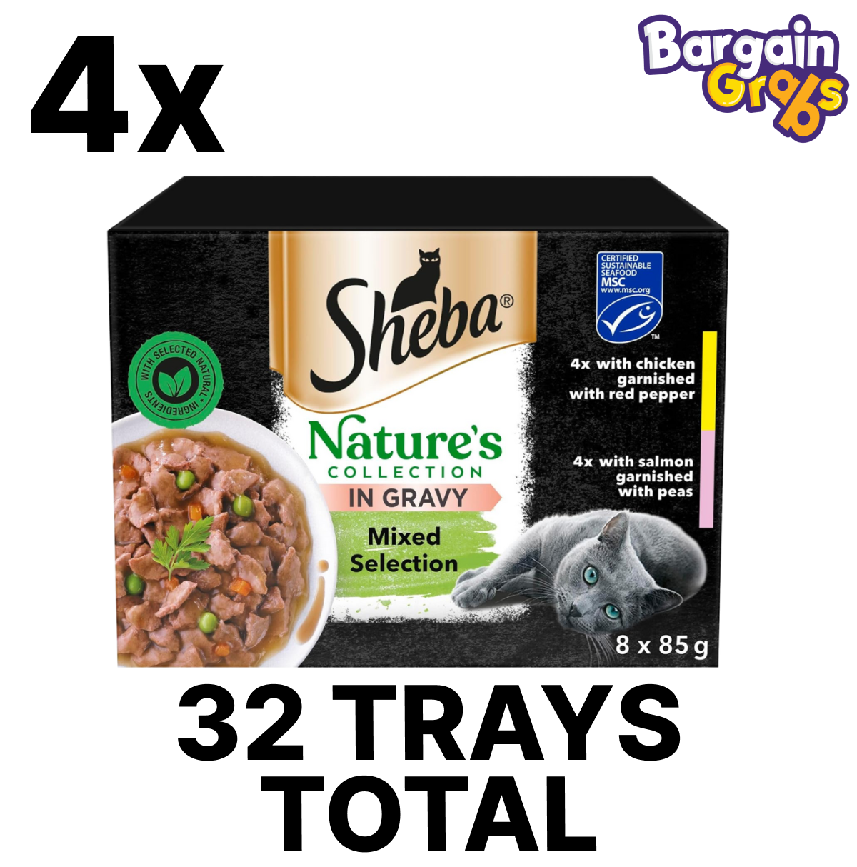 Sheba Nature’s Collection Cat Food Trays Mixed Selection in Gravy 85g, 8 trays per pack, pack of 4