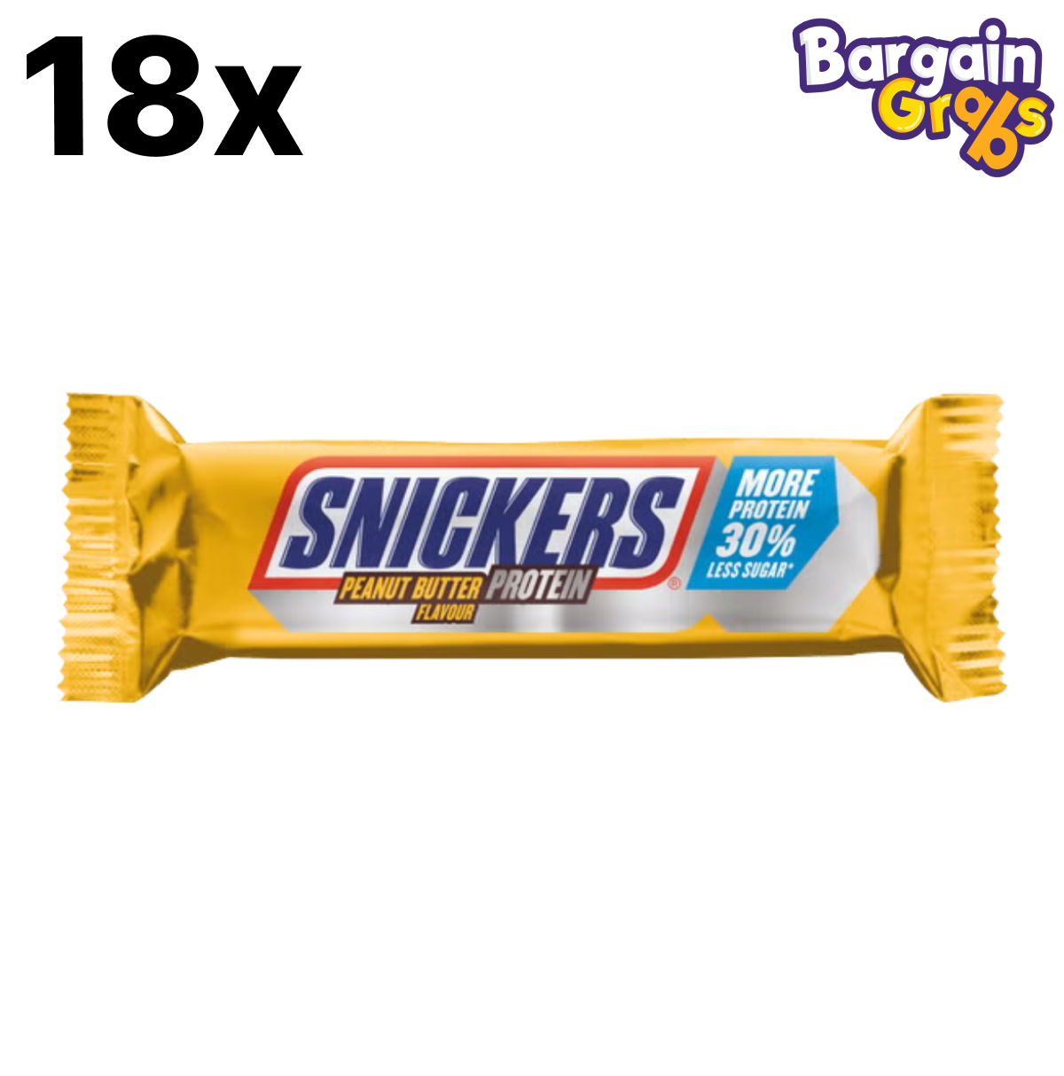 18 pack of 47g Snickers Protein Peanut Butter chocolate bars – high-protein snack with rich peanut flavor