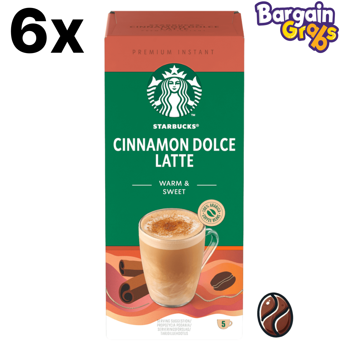 6 packs of Starbucks Cinnamon Dolce Latte Premium Instant Coffee with 5 sachets each, total of 30 sweet and spiced coffee sachets