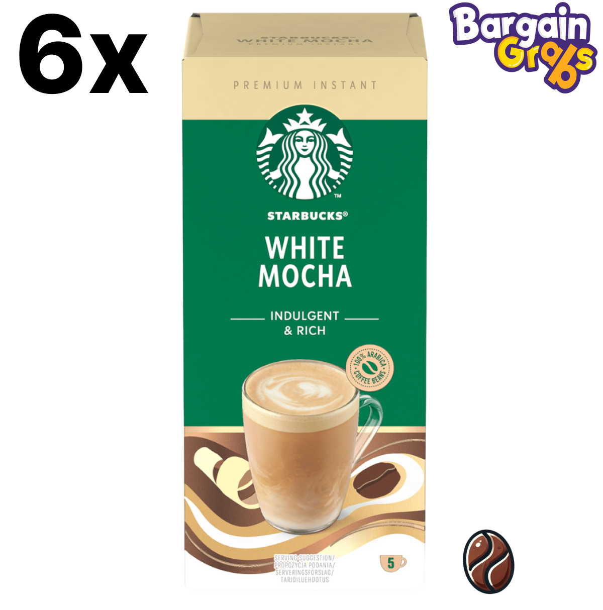 6 packs of Starbucks White Mocha Premium Instant Coffee with 5 sachets each, total of 30 single-serve sachets