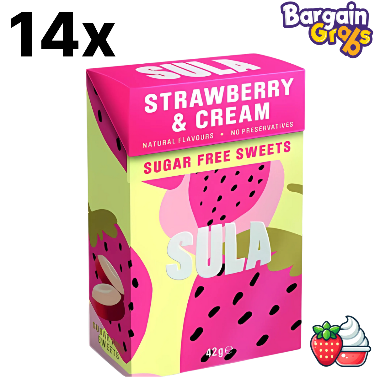 Pack of 14 Sula Strawberry & Cream Sugar-Free Boiled Sweets, 42g each