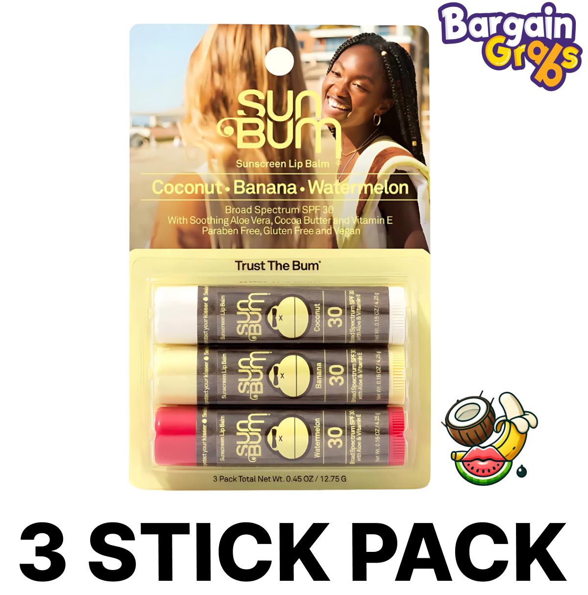 Sun Bum SPF 30 Lip Balm Triple Pack – watermelon, coconut & banana flavoured sun protection lip balms
