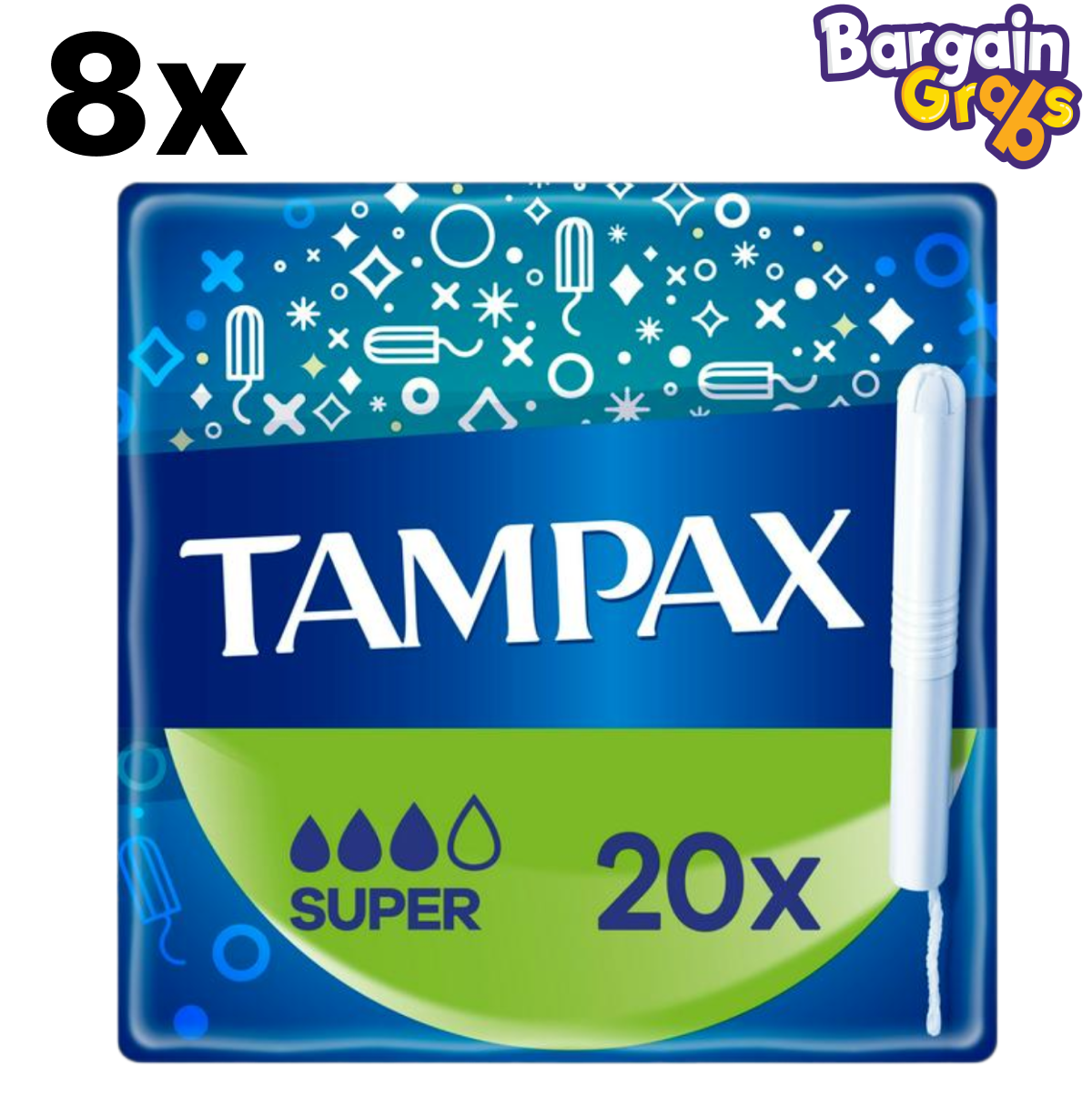 8 packs of Tampax Super Tampons, 20 tampons per pack, total of 160 for reliable and comfortable period protection