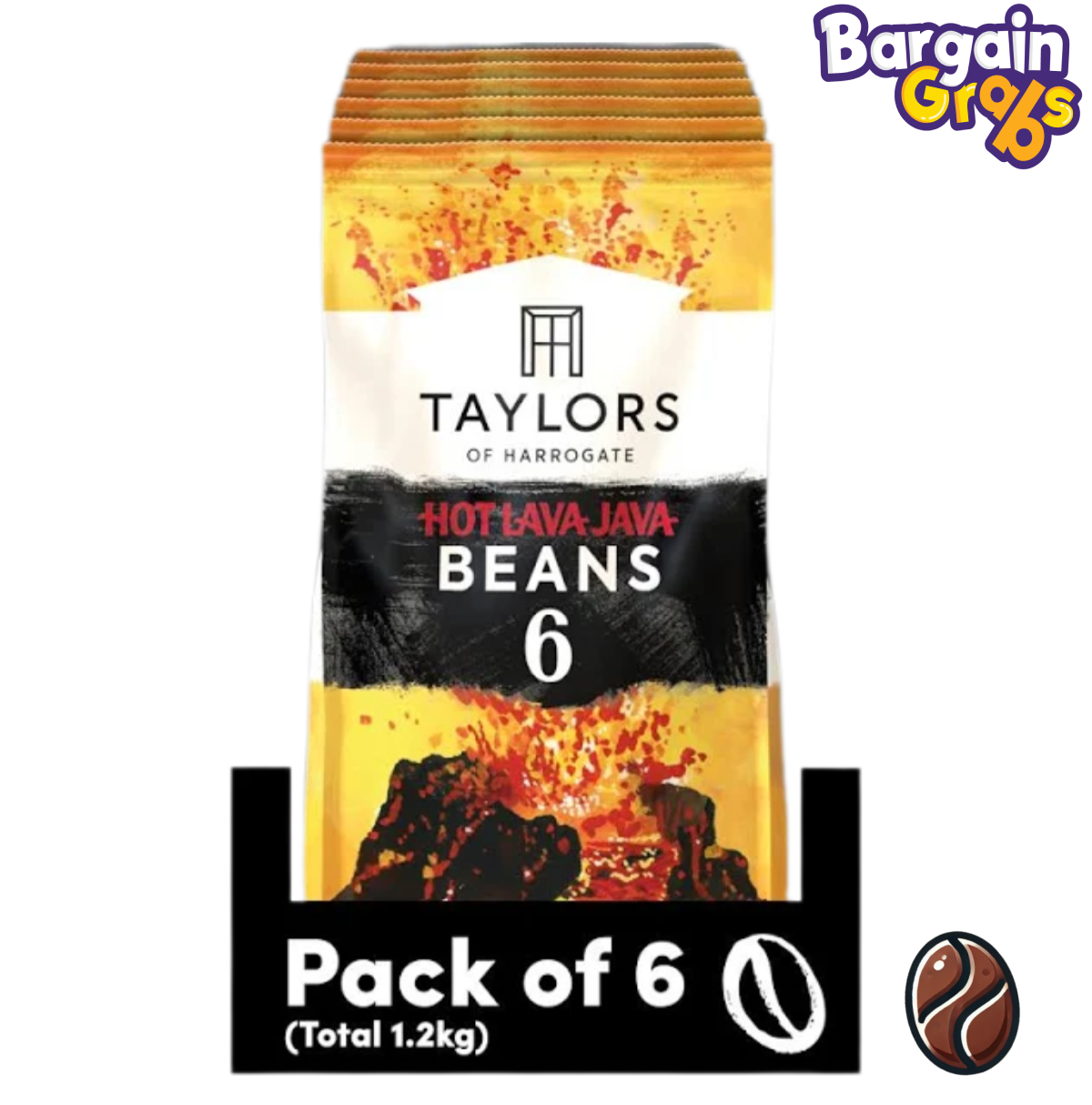 Pack of 6 Taylors of Harrogate Hot Lava Java Coffee Beans, 200g each, total 1.2kg of strong, rich coffee