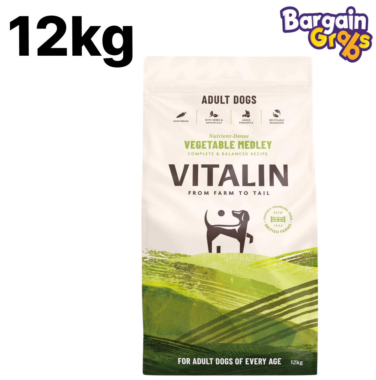 Vitalin Adult Vegetable Medley Dry Dog Food 12kg – hypoallergenic, nutrient-rich kibble for adult dogs with natural vegetables