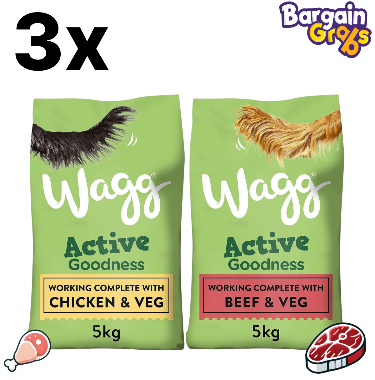 Pack of 3 Wagg Active Goodness Complete Dry Adult Dog Food 5kg Chicken & Veg and 3 x 5kg Beef & Veg, designed for active dogs with balanced energy and nutrition