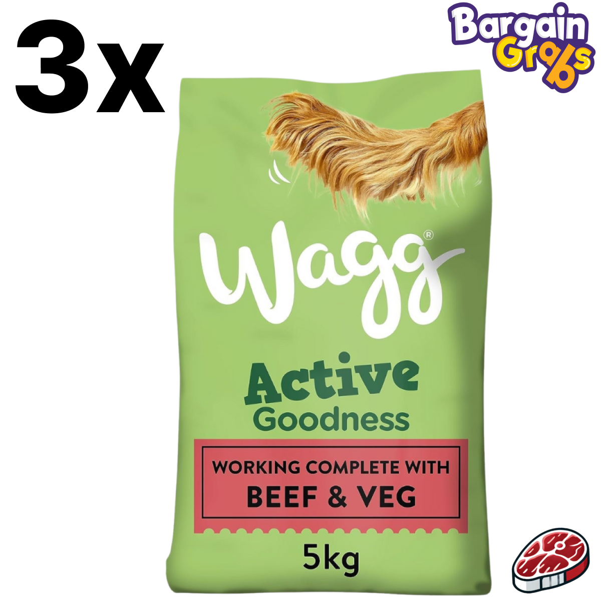 Pack of 3 Wagg Active Goodness Complete Dry Adult Dog Food Bags, 5kg each with Beef & Veg for active dogs with high energy needs and complete nutrition