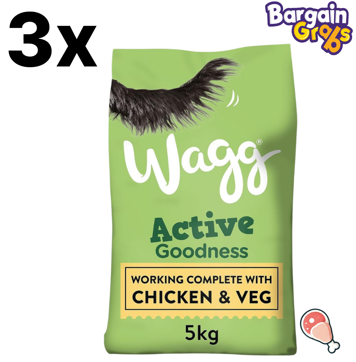 Pack of 3 Wagg Active Goodness Complete Dry Adult Dog Food Bags, 5kg each with Chicken & Veg for active dogs needing balanced nutrition and energy support