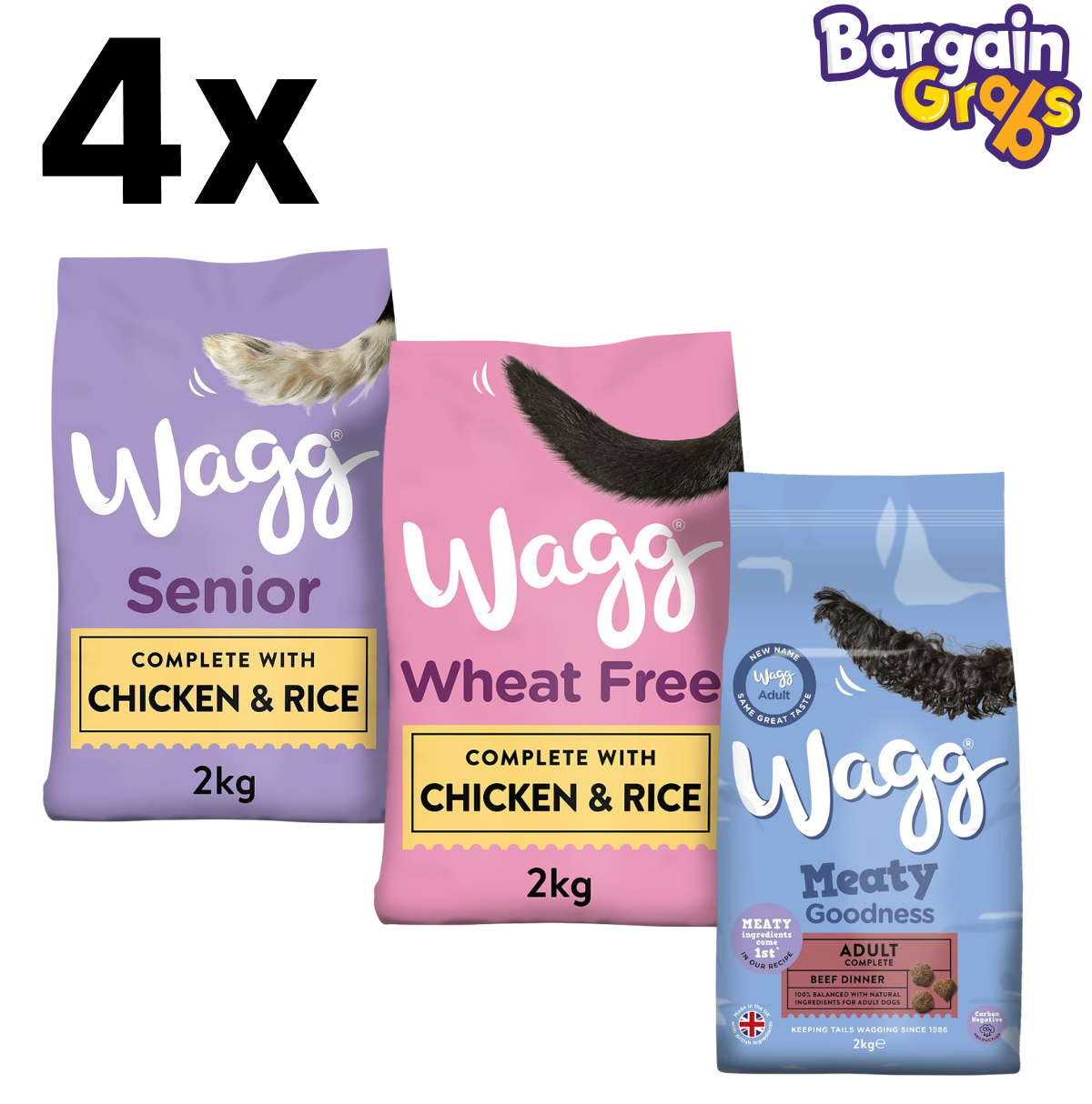 Mixed variation pack of 12 Wagg Dry Dog Food bags, 2kg each, including Senior Chicken & Rice, Meaty Goodness Beef Dinner, and Wheat Free Adult Chicken & Rice for complete and balanced adult and senior dog nutrition
