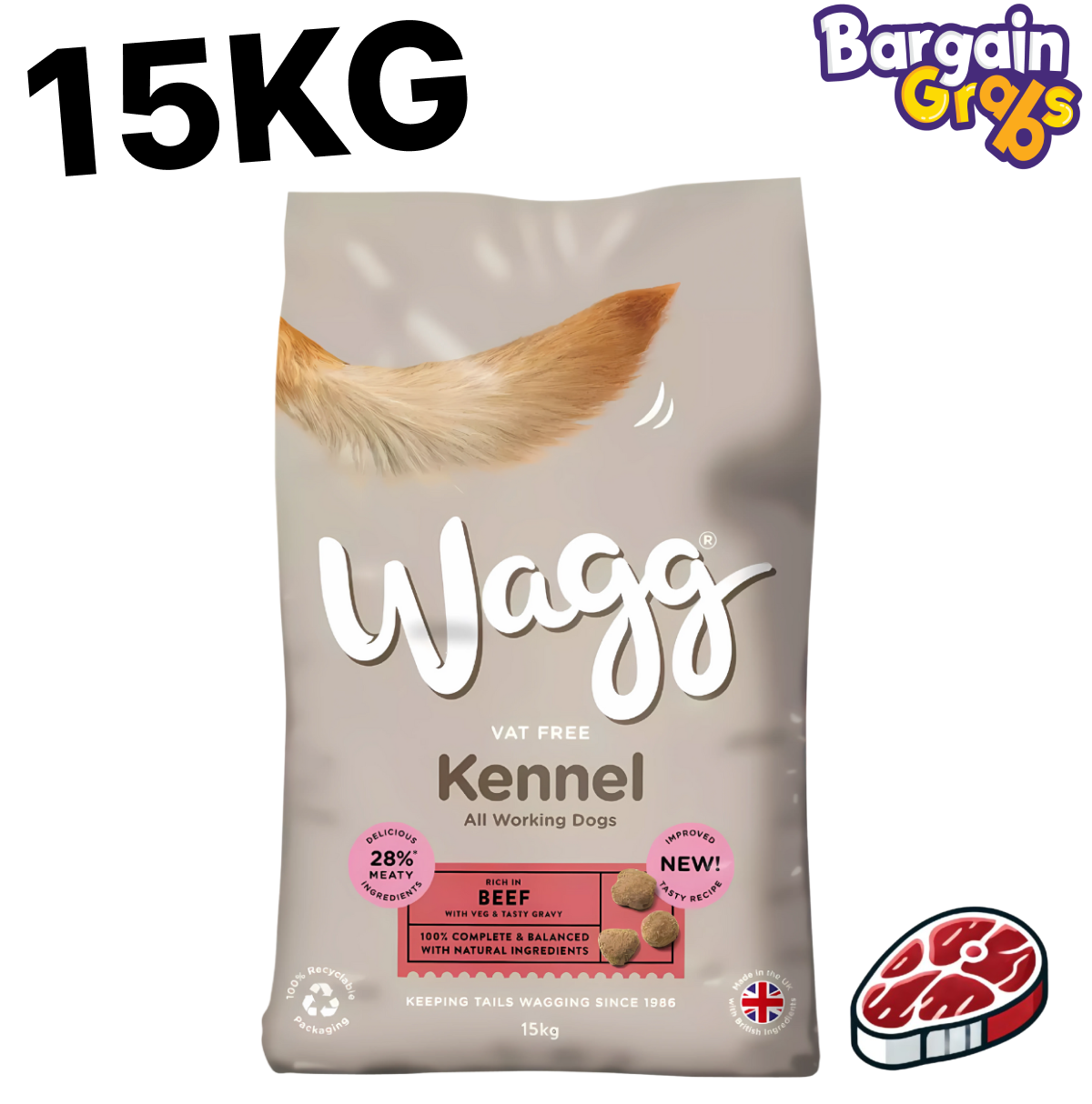 Wagg Kennel Dry Dog Food 15kg bag – complete beef flavour kibble for adult dogs