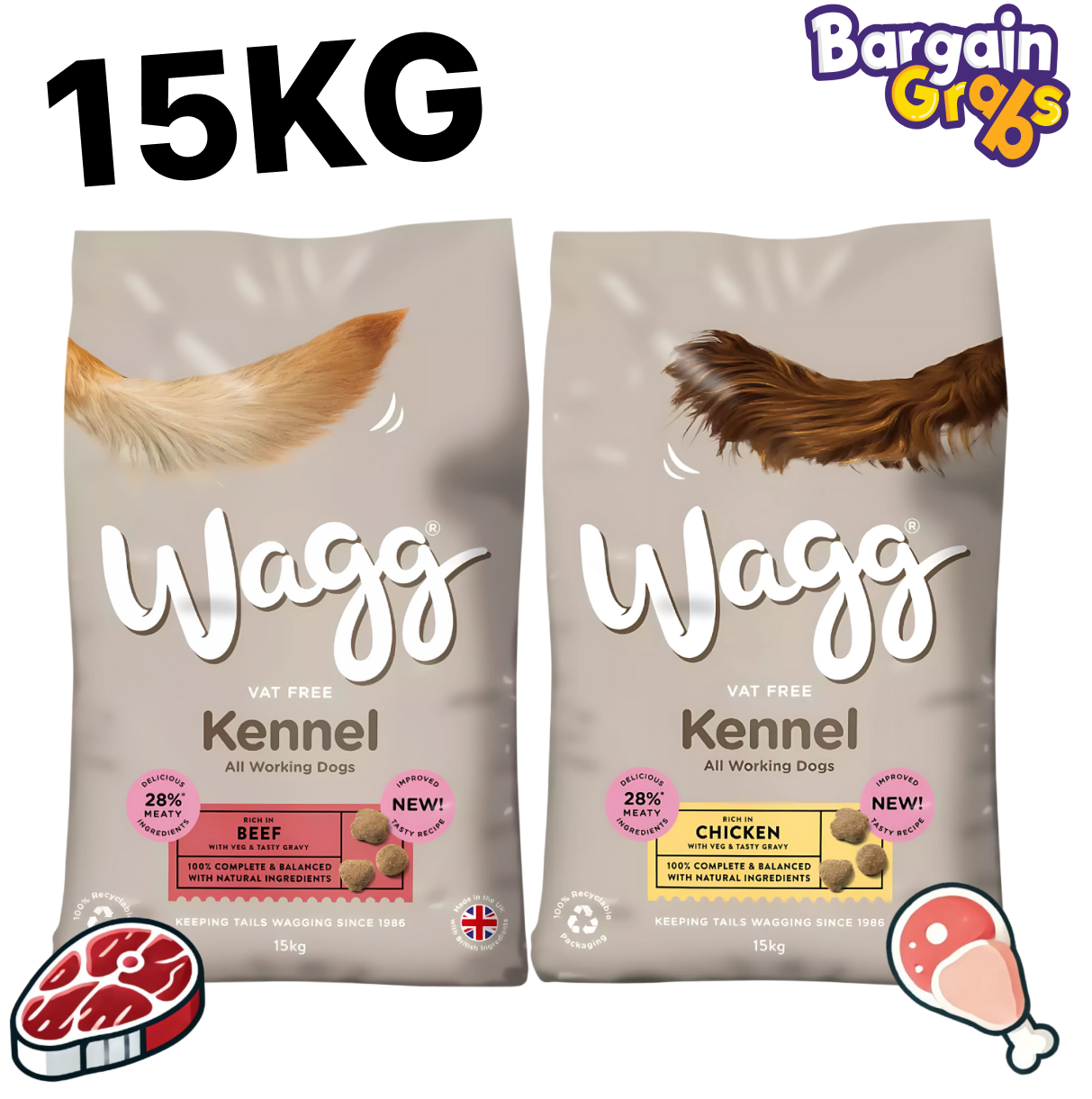 Wagg Kennel Dry Dog Food 15kg – complete adult dog kibble available in beef or chicken flavour