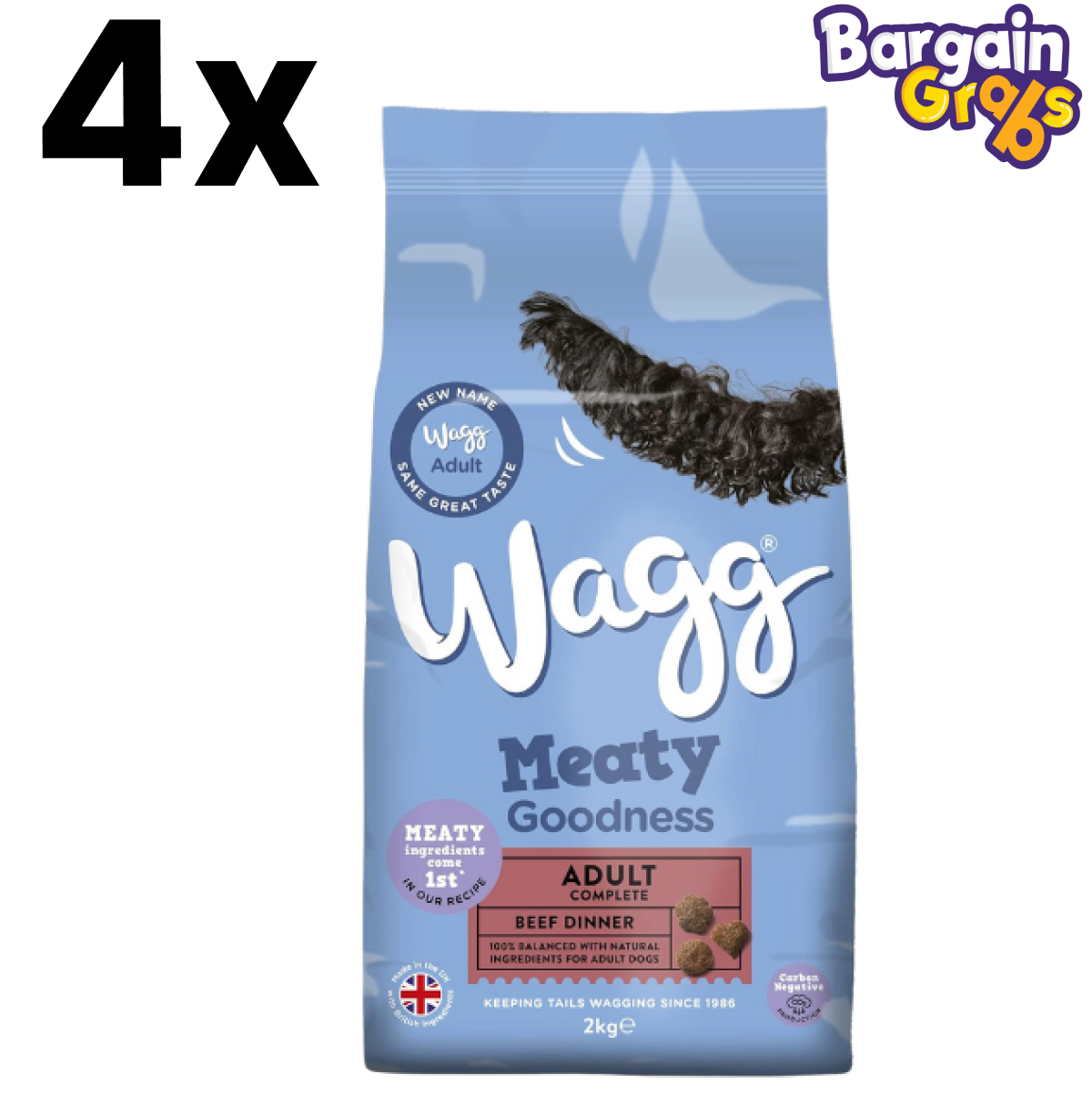 Pack of 4 Wagg Meaty Goodness Complete Dry Adult Dog Food Bags, 2kg each with Beef Dinner for a tasty and nutritious meal