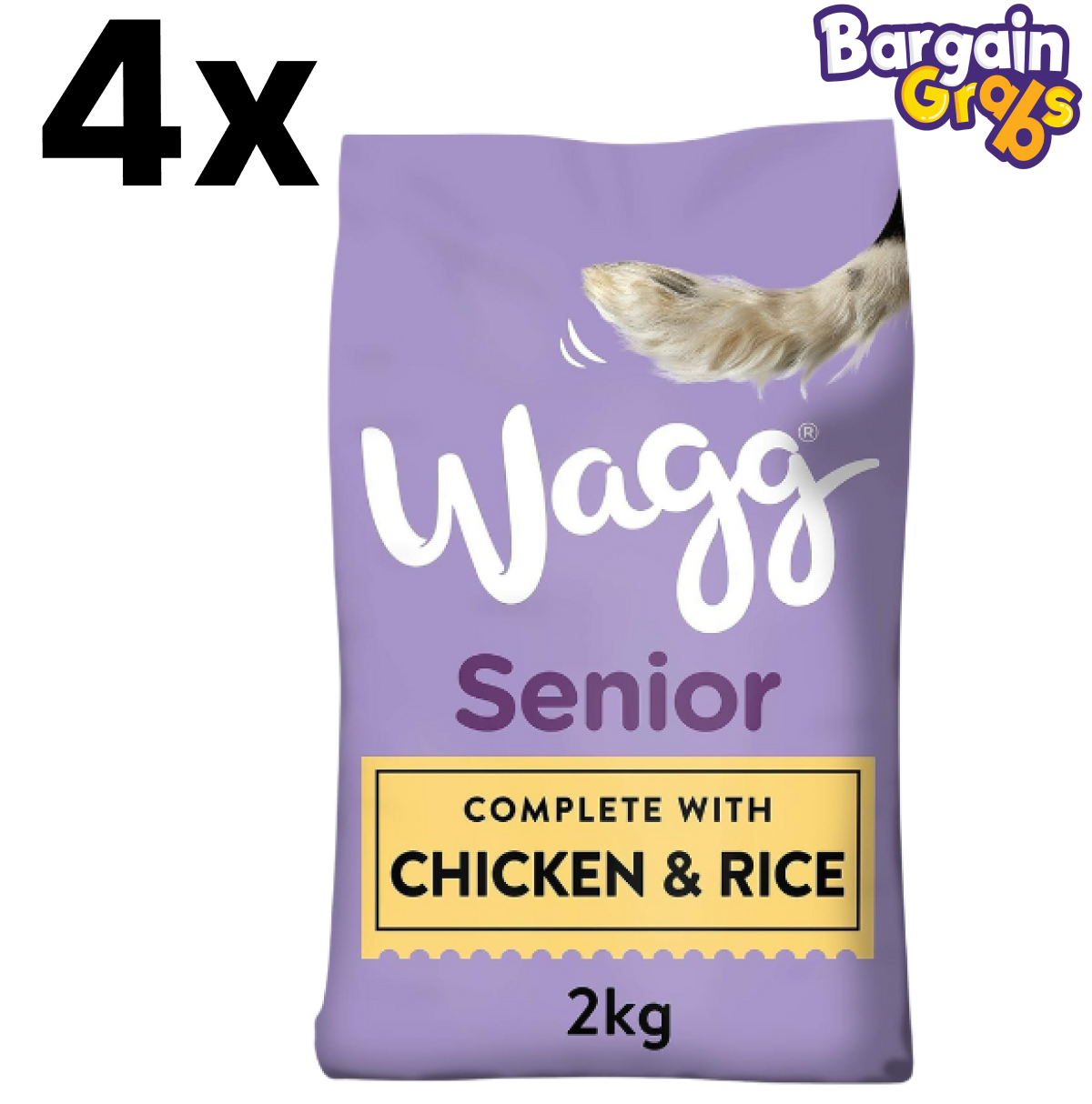 Pack of 4 Wagg Senior Dry Dog Food Bags, 2kg each with Chicken & Rice for older dogs’ joint care and digestive support