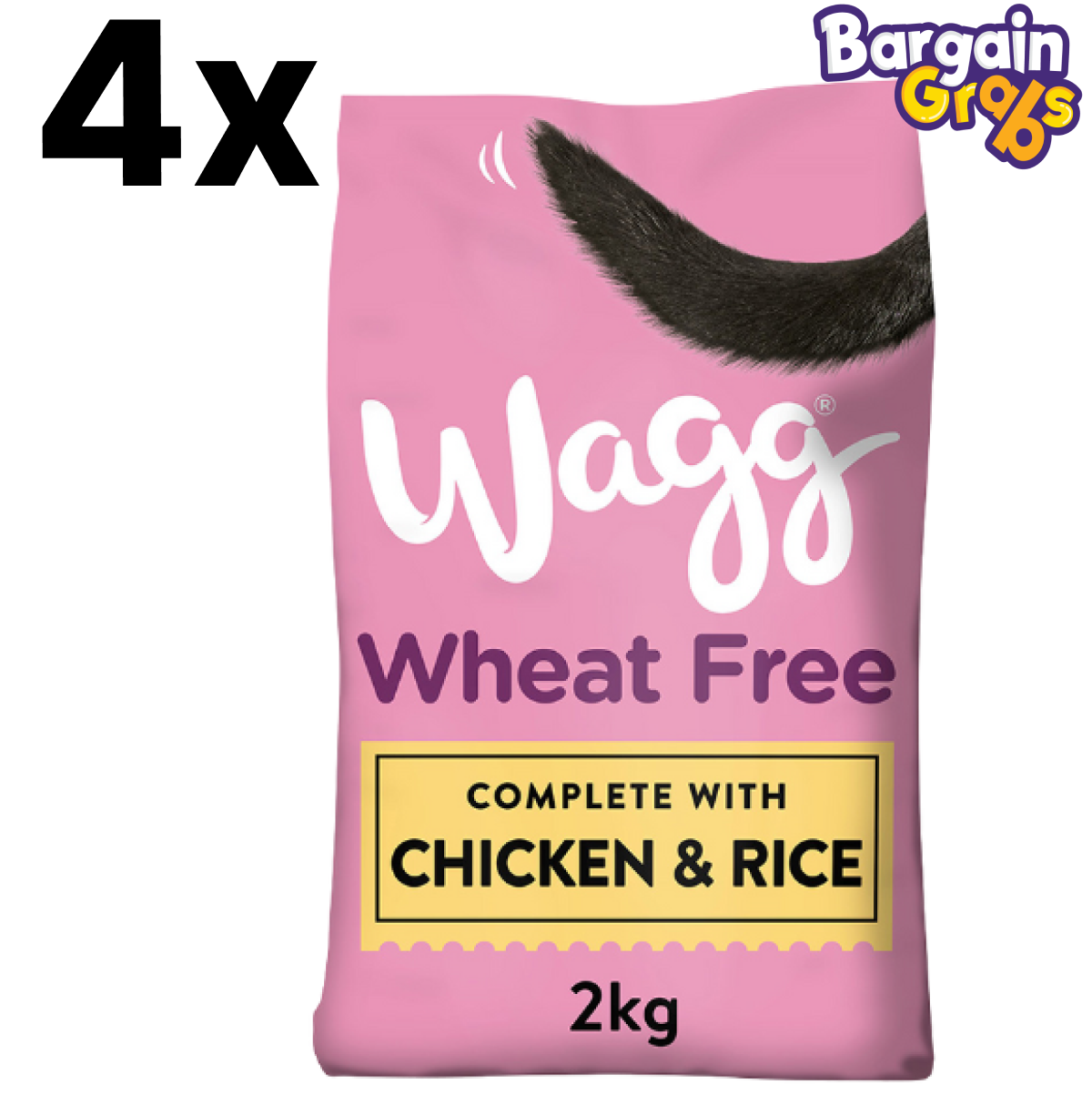 Pack of 4 Wagg Wheat Free Complete Dry Adult Dog Food Bags, 2kg each with Chicken & Rice for dogs with sensitive digestion