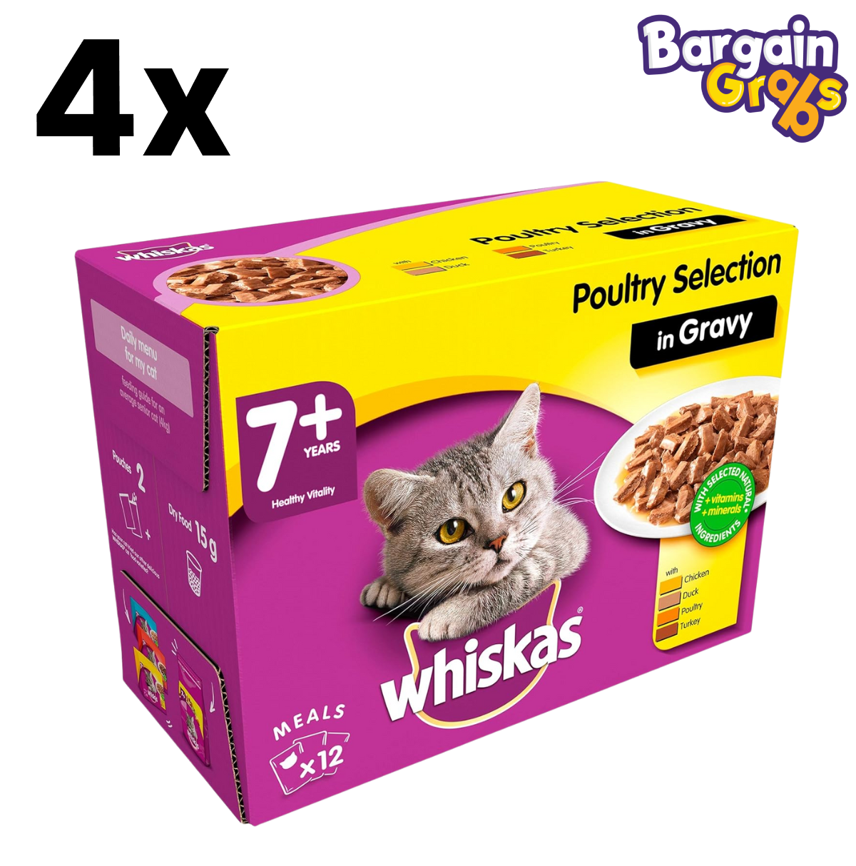 4 packs of Whiskas 7+ Mixed Menu senior wet cat food pouches in gravy – 12 x 85g each