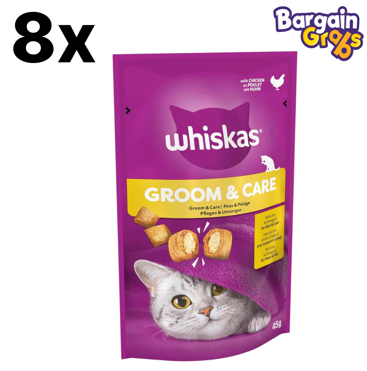 WHISKAS Groom & Care Cat Treats 8 x 45g – Hairball Control and Dental Care Snacks for Cats