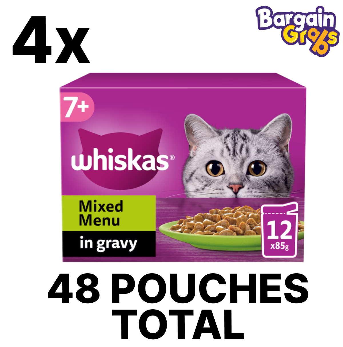 WHISKAS 7+ Senior Cat Food Pouches Mixed Menu in Gravy – 4 Packs of 12 x 85g Wet Cat Food