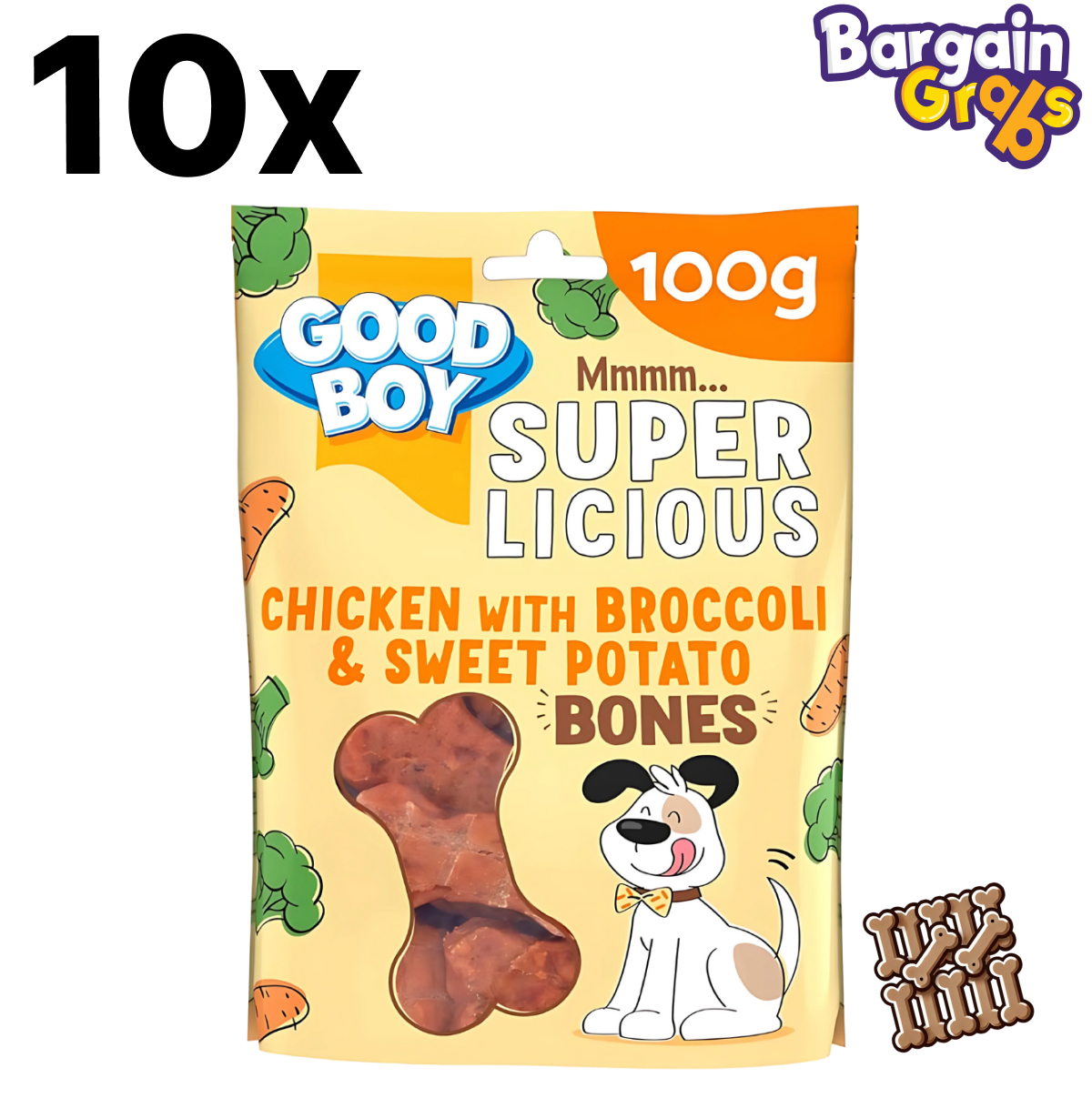 10 pack of 100g Good Boy Chicken, Broccoli & Sweet Potato Bones – healthy dog treats with natural ingredients