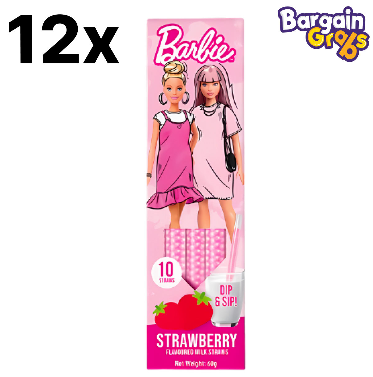 12 pack of Barbie Dip & Sip Milk Straws 60g – Strawberry Flavour