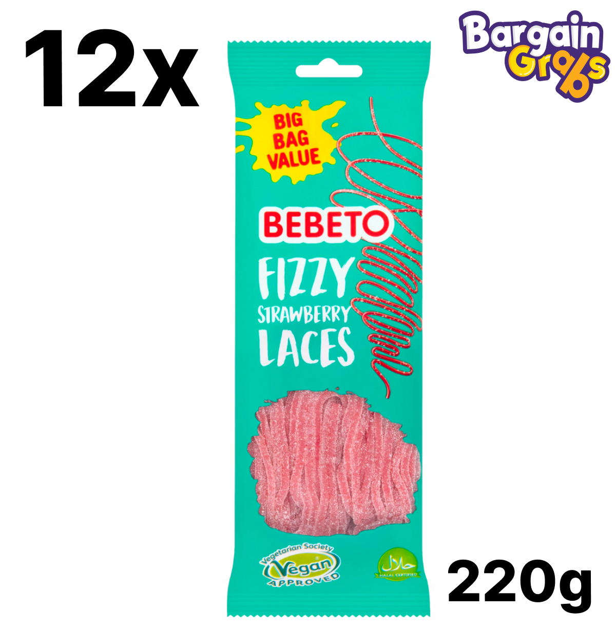 12 pack of Bebeto Fizzy Strawberry Laces 220g bags of sour chewy candy