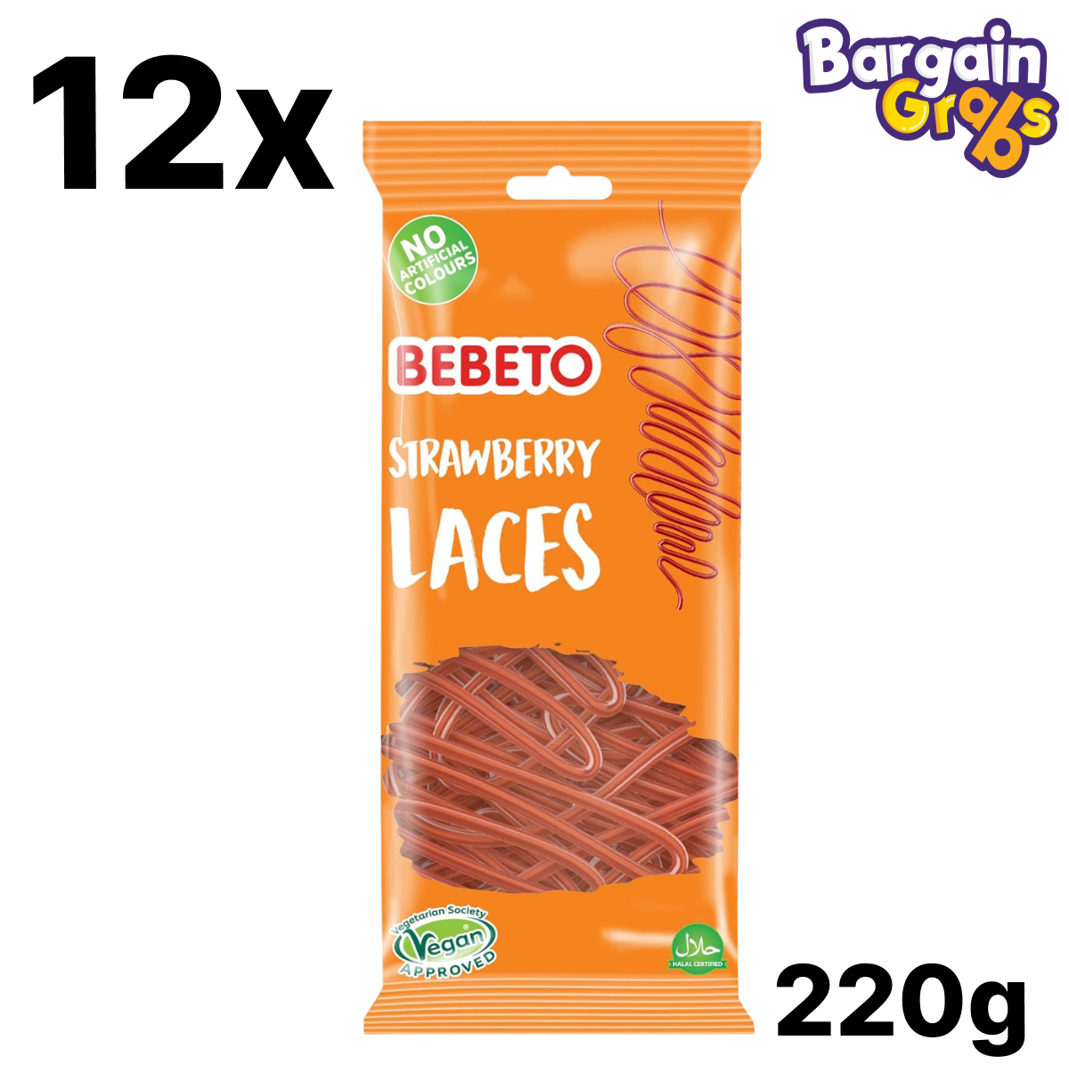 12 pack of Bebeto Strawberry Laces 220g bags of chewy fruit candy
