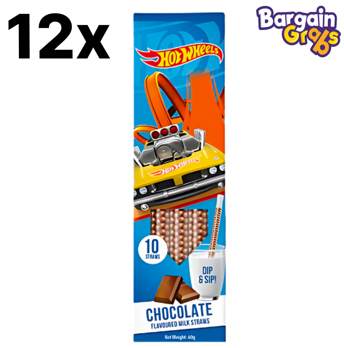 12 pack of Hot Wheels Dip & Sip Milk Straws 60g – Chocolate Flavour