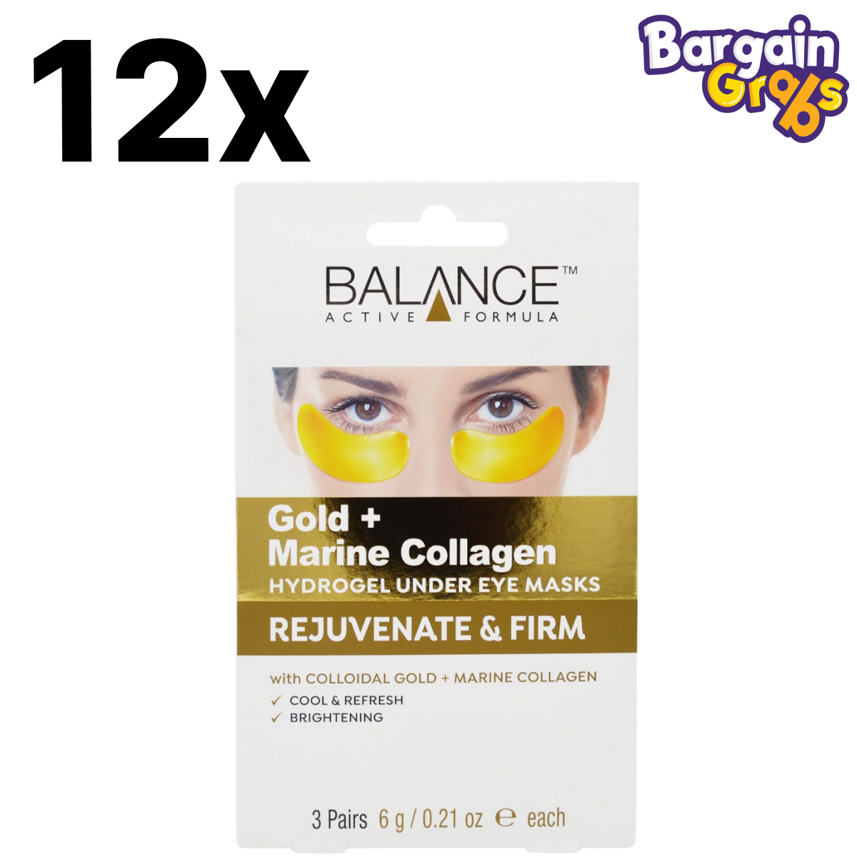 Pack of 12 Balance Active Formula Golden Collagen Eye Masks 6g – anti-ageing and revitalising under-eye treatment
