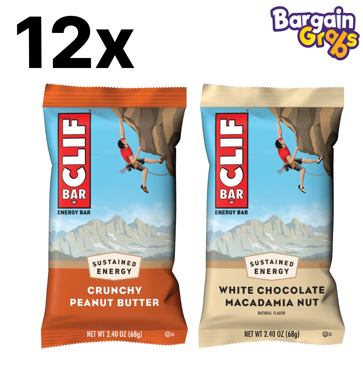 12 x 68g Clif Bars – assorted flavours of Crunchy Peanut Butter or White Chocolate Macadamia Nut, energy bars with plant-based protein