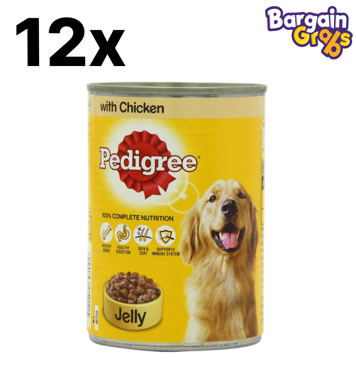 Pack of 12 Pedigree Chicken in Jelly 385g cans – complete and tasty wet dog food with tender chicken pieces in savoury jelly