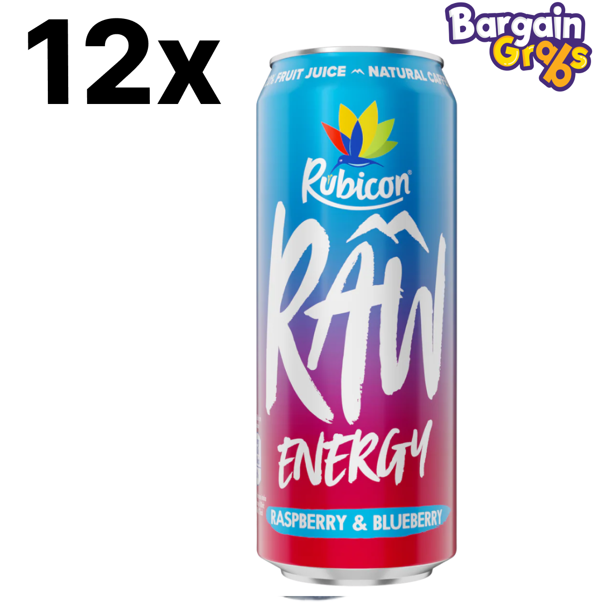 12 x 500ml Rubicon Raw Raspberry Blueberry Cans – sparkling energy drink with natural caffeine and real fruit flavours