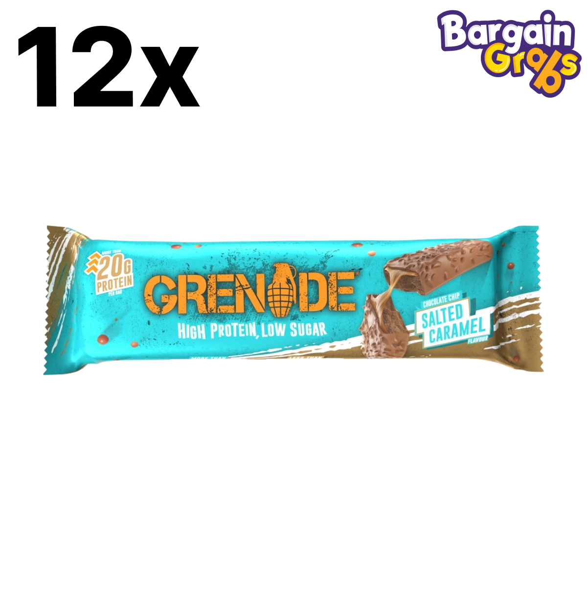 12 pack of 60g Grenade Chocolate Chip Salted Caramel Protein Bars – high-protein, low-sugar snack with a sweet and salty flavour