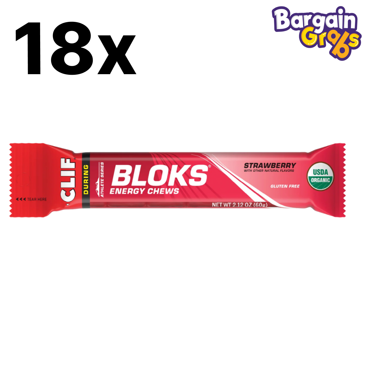 18 x 60g CLIF BLOKS Energy Chews Strawberry – fast-acting, easy-to-digest energy chews for endurance and performance