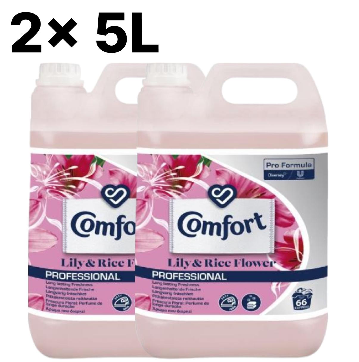 2 bottles of Comfort Professional Fabric Softener 5L Lily & Riceflower – 132 washes with a delicate floral fragrance