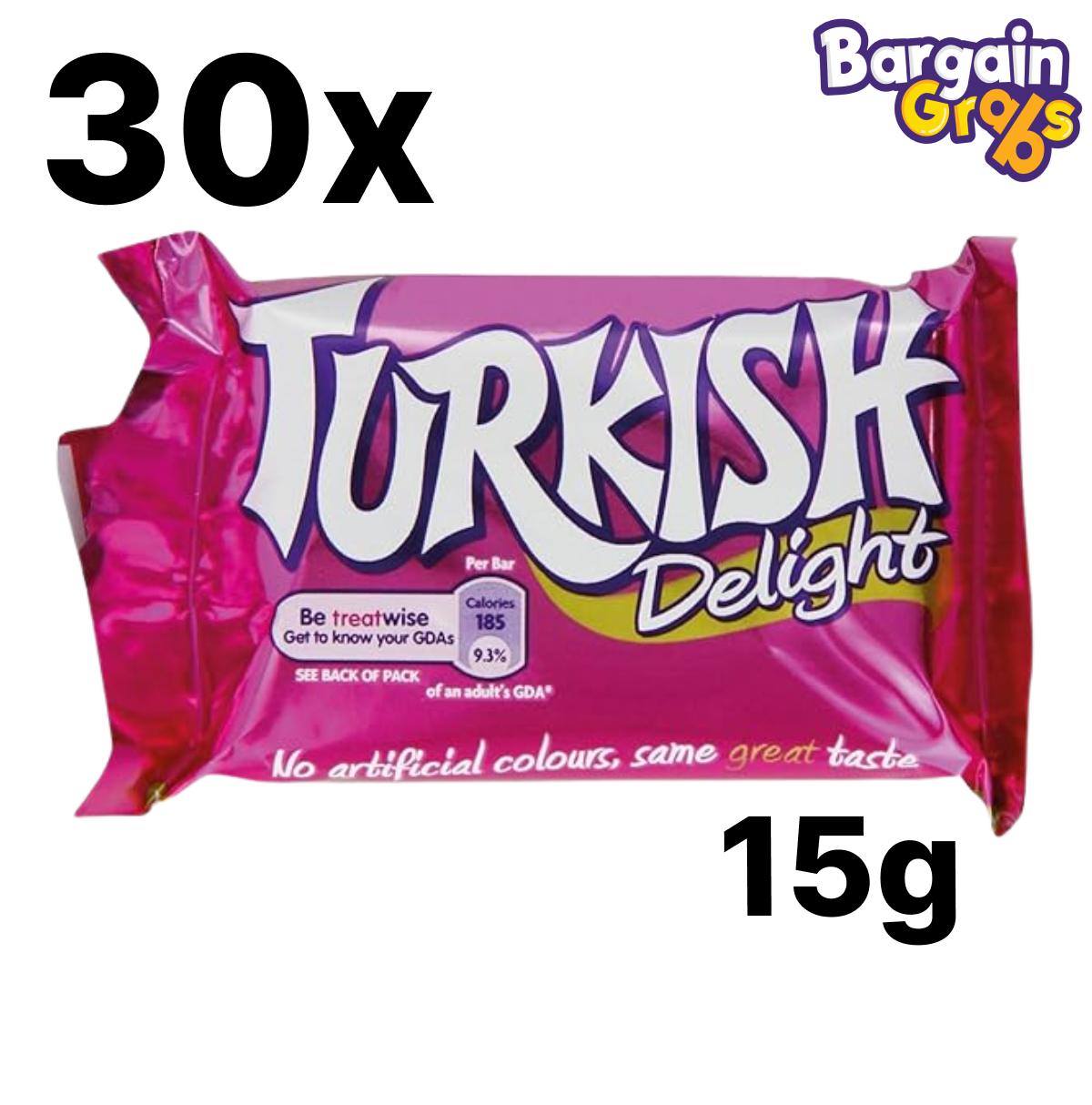 30 pack of 15g Fry’s Turkish Delight Mini Bars – rose-flavoured soft Turkish delight covered in milk chocolate