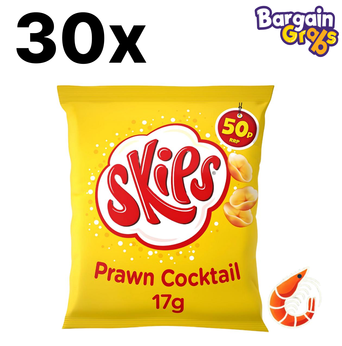 30 pack of 17g Skips Prawn Cocktail crisps – prawn-flavoured light and crunchy snacks in a multipack