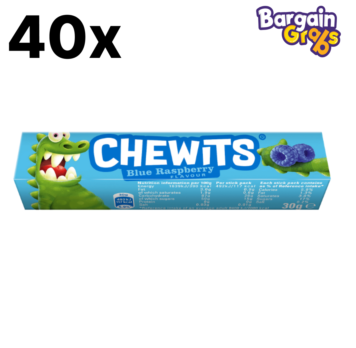 40 pack of Chewits Blue Raspberry Flavour chews 30g each
