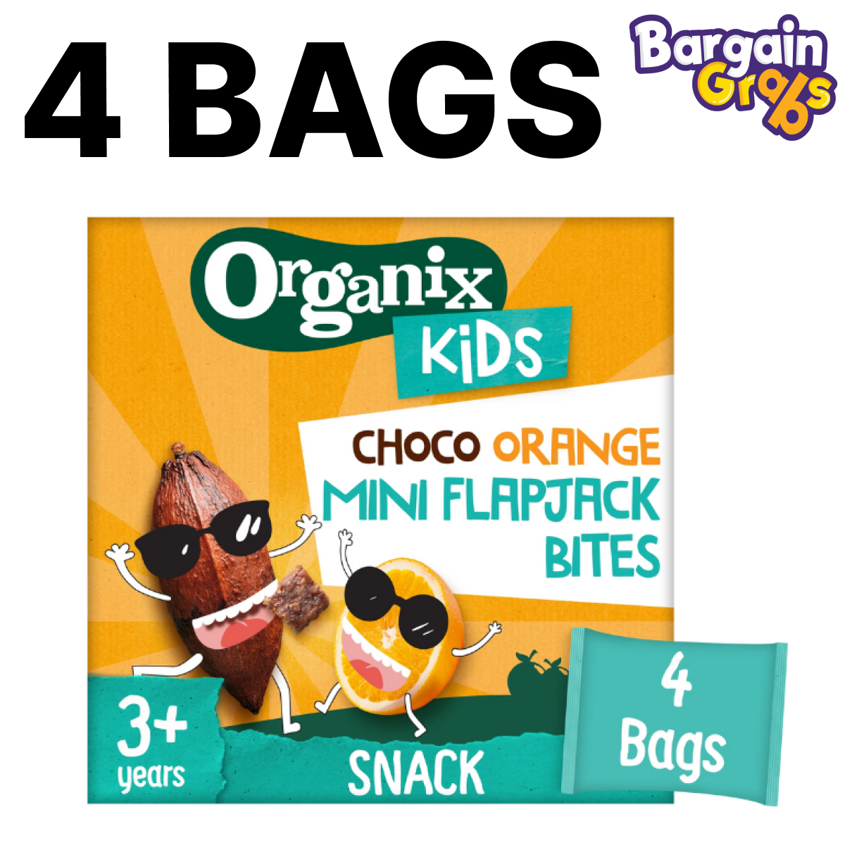 4 pack of 23g Organix Crazy Choco Orange Mini Flapjack Bites – organic oat snacks for toddlers with chocolate and orange flavour