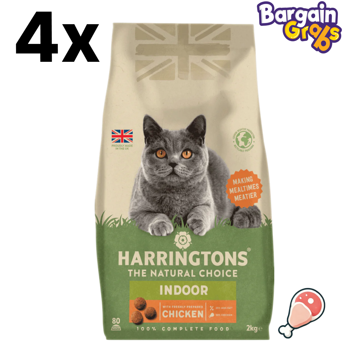 4 pack of 2kg Harringtons Complete Indoor Dry Adult Cat Food – tailored nutrition for indoor cats with natural ingredients