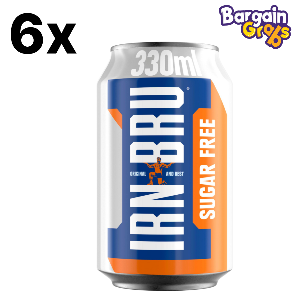 6 pack of 330ml IRN BRU sugar-free soft drink cans
