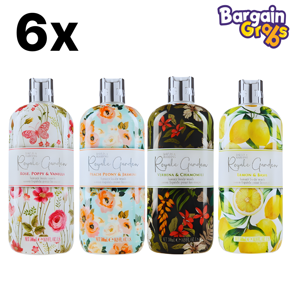 6 x 500ml Baylis & Harding Royale Garden Body Wash – assorted fragrances including floral, fruity, and herbal scents