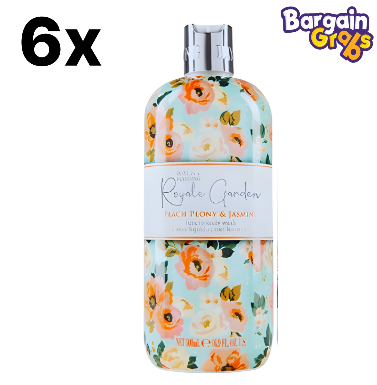 6 x 500ml Baylis & Harding Royale Garden Peach, Peony & Jasmine Body Wash – fruity floral body cleanser with elegant fragrance