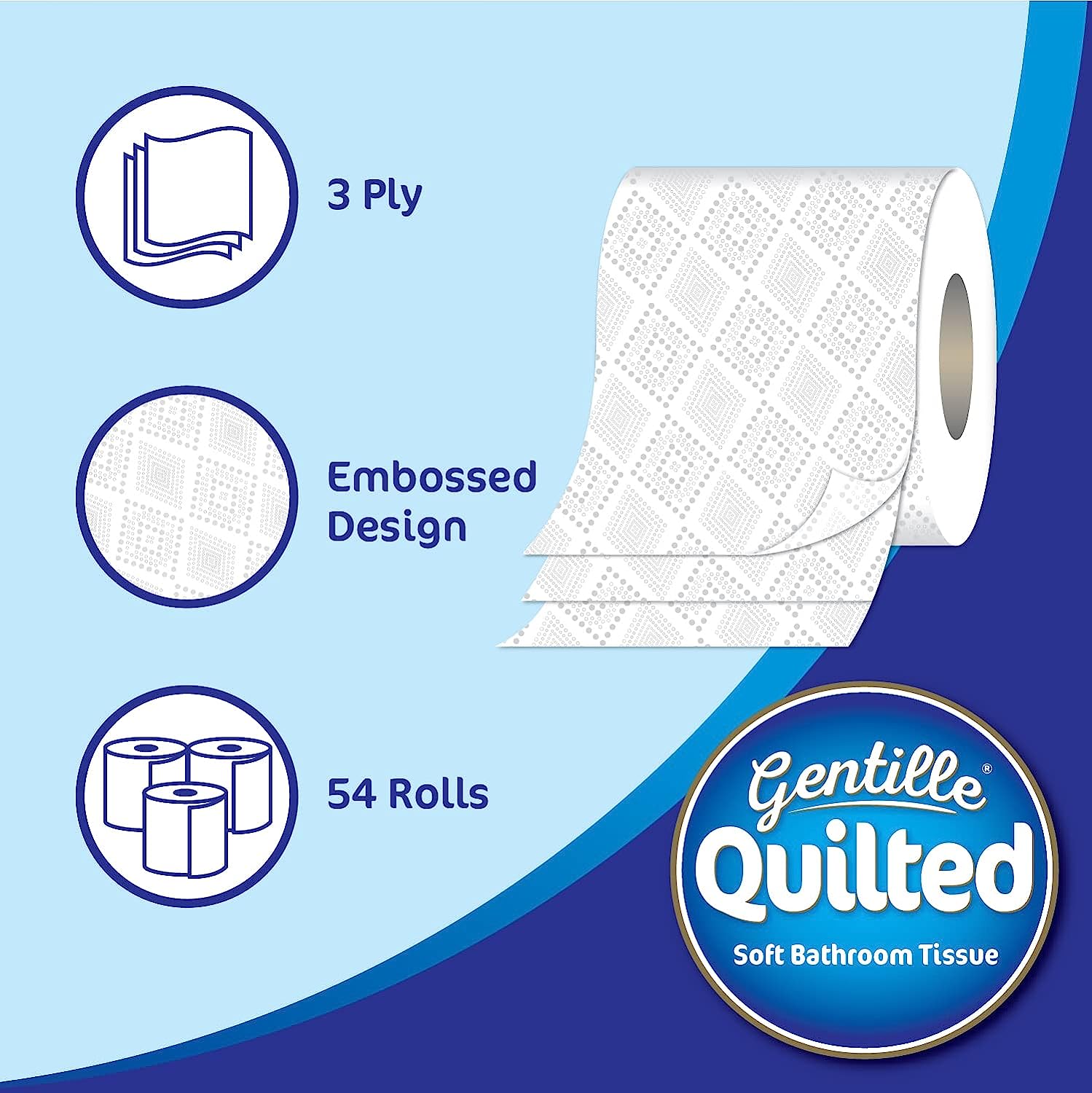 54 Rolls Gentille Quilted 3 ply Luxury Soft & Strong Toilet Tissue Roll Paper