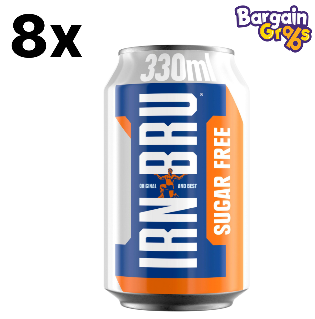 8 pack of 330ml IRN BRU sugar-free soft drink cans