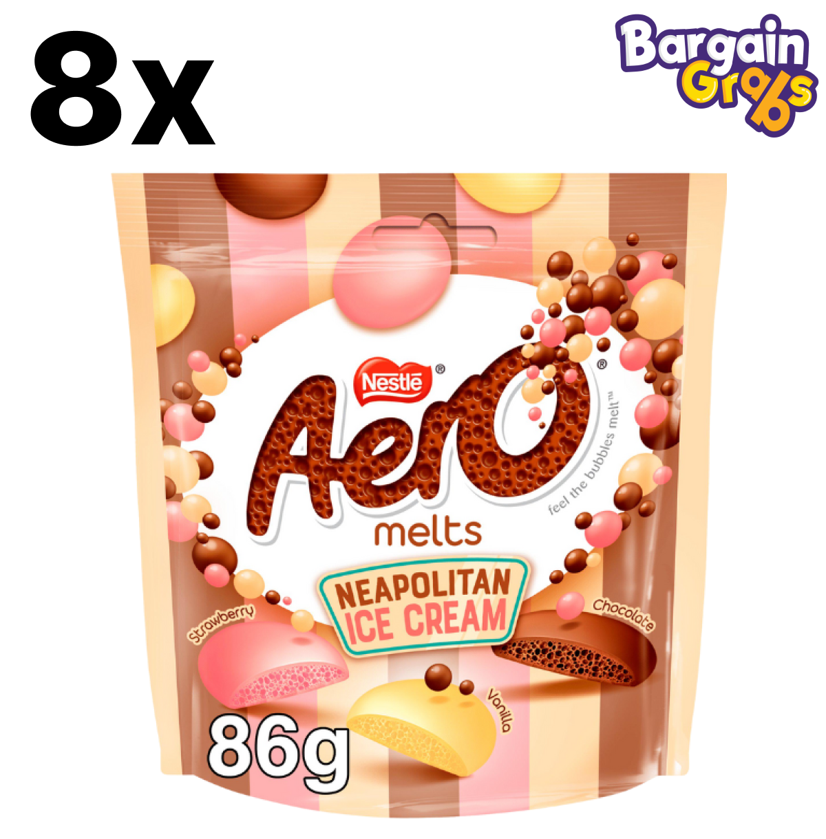 8 pack of 86g AERO Melts Neapolitan Ice Cream Pouches – smooth, bubbly chocolate with vanilla, strawberry, and chocolate flavours