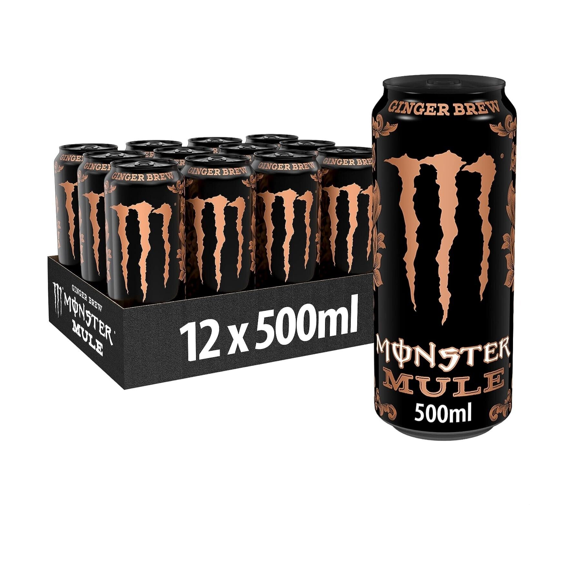 24 x Monster Mule Ginger Energy Drink - 500ml Cans, BBE Dec 2023 - Low Sugar Free Low Fat Dairy Free Fruity Pack