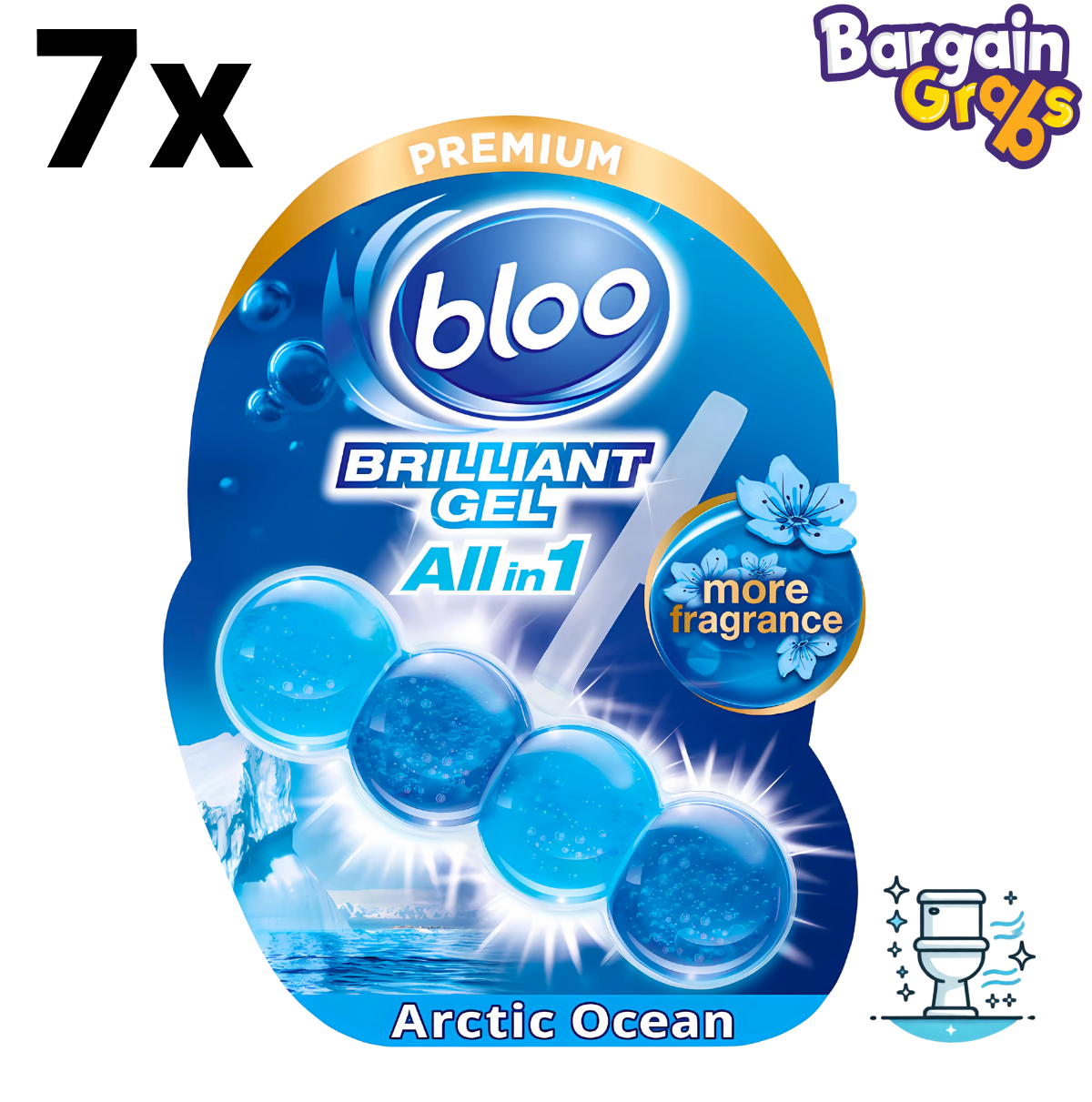 Pack of 7 Bloo Brilliant Gel All-in-1 Toilet Rim Blocks 42g – Arctic Ocean Fresh scent for long-lasting toilet freshness
