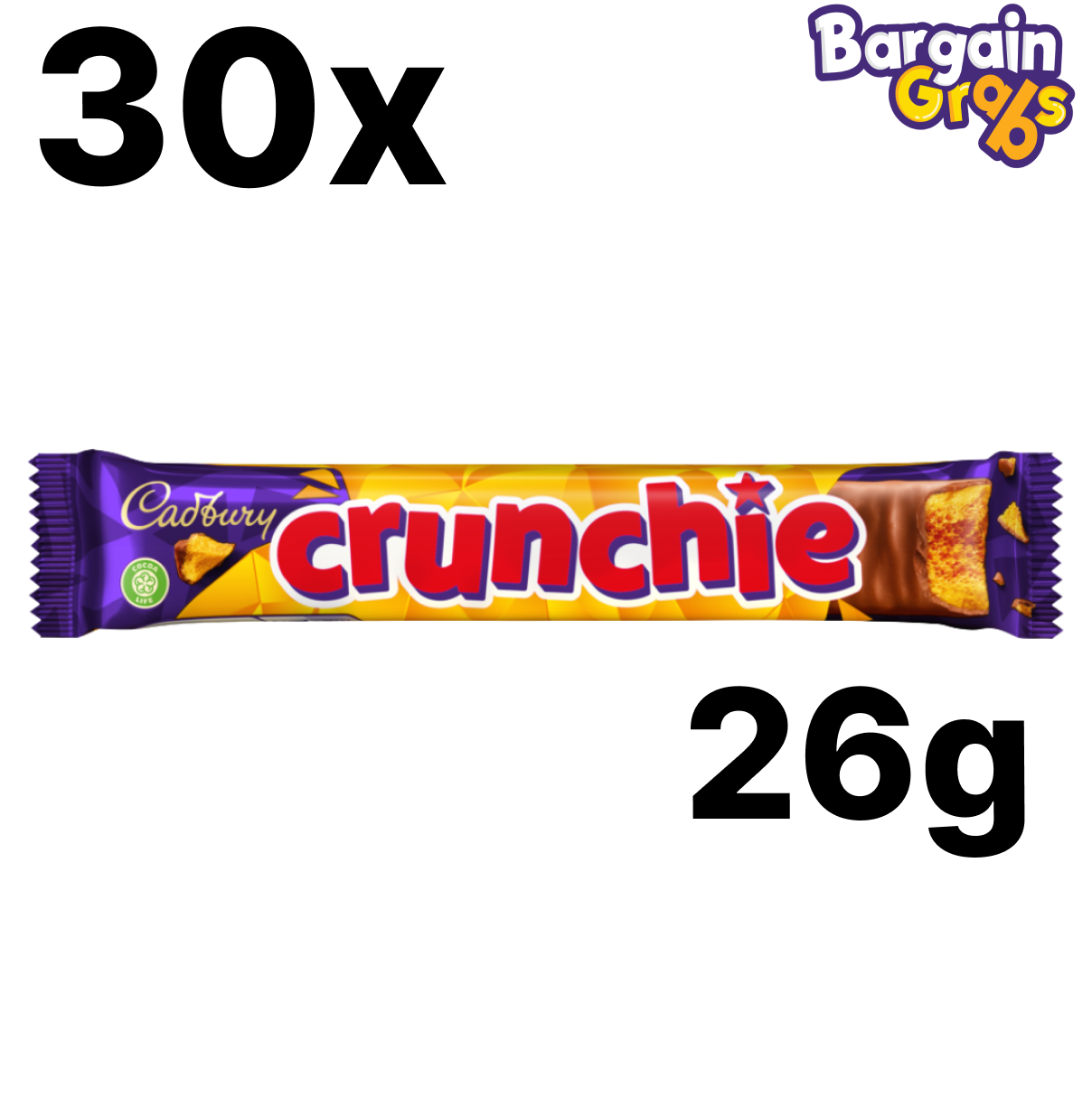30 pack of Cadbury Crunchie Chocolate Bars, 26g each – honeycomb toffee covered in smooth milk chocolate